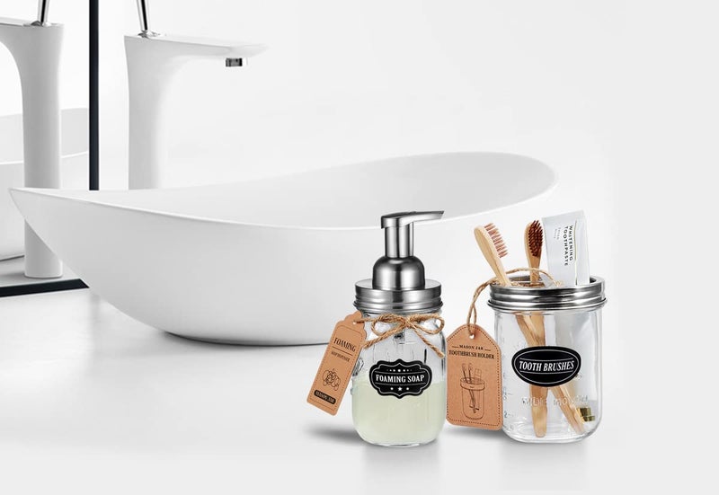 Komashr Mason Jar Toothbrush Holder - Brushed Nickel - with 16 Ounce Ball Mason Jar,Premium Rustproof 304 Stainless Steel Lid and Chalkboard Labels - Rustic Farmhouse Decor Black Bathroom Accessories - Image 5